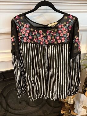 Savanna Jane Black Striped Blouse with Pink Floral Embroidery